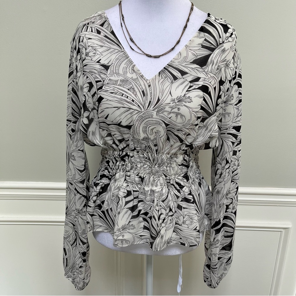 White House Black Market Black and White Floral Blouse
